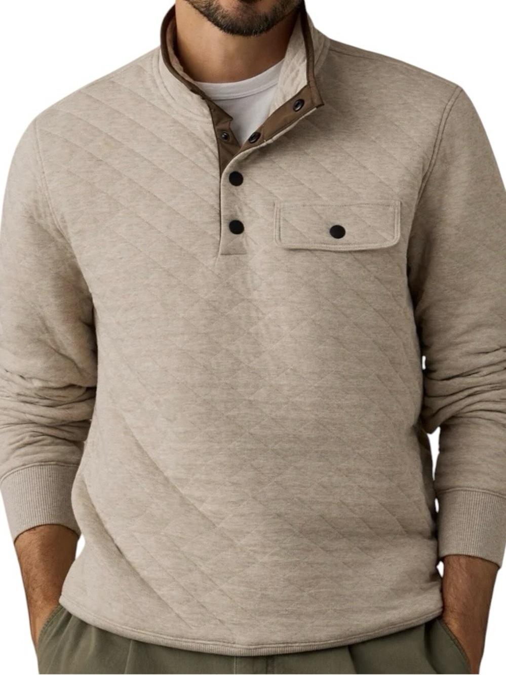Faherty Epic Quilted Fleece Pullover Oatmeal Melange Snap Medium Cotton Heritage